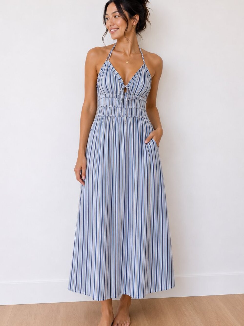 Monteau Blue and White Striped Maxi Dress - Cotton Blend - NWOT